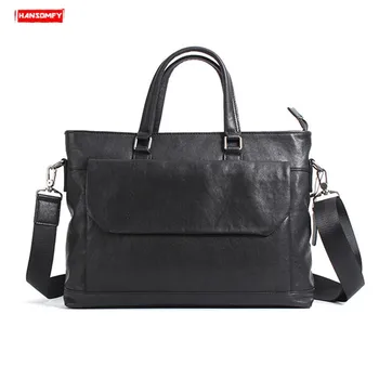 

Men's Business Handbag Cross Section Laptop Briefcases Genuine Leather Shoulder Computer Bags Cowhide Leather New Soft Black Men