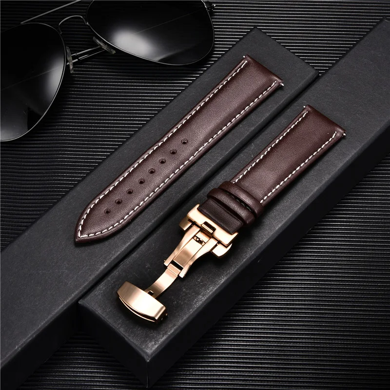 Premium Leather Watchband with Stainless Steel Butterfly Buckle