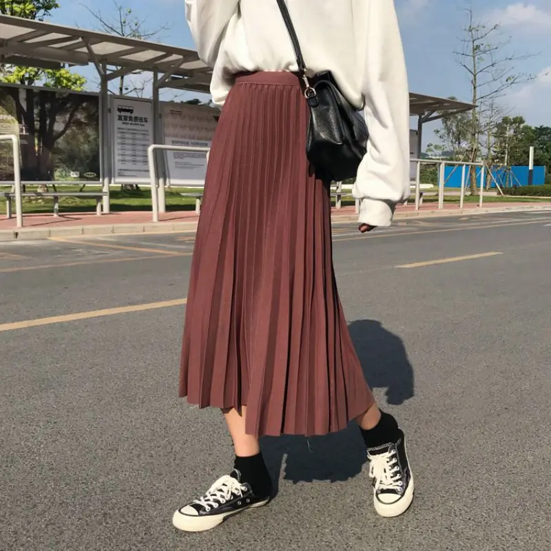 Женская юбка с высокой талией плиссированные однотонные юбки Эластичная Длинная женская юбка весна осень модные женские юбки