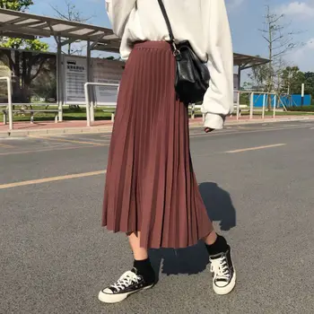 

Women's Skirt High Waist Pleated Skirts Solid Color Elastic Long Female Skirt Spring Autumn Fashion Lady Skirts