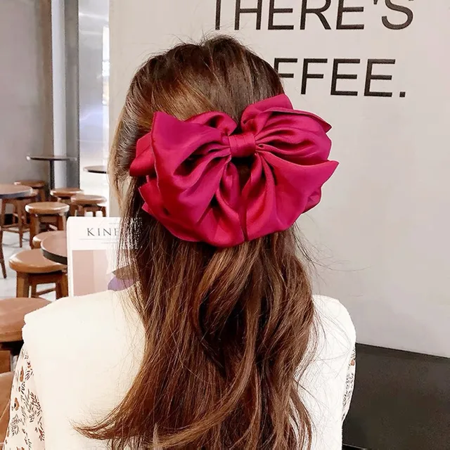 High Quatity Solid Color Big Bow Hairpins For Girl Popular Hair Clip For Women Sweet Two-layer Satin Hairgrip Hair Accessories A-wine red