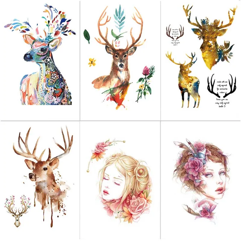 

1pc Girl Elk Tattoo Stickers Multi-color Pattern Fake Tattoo for Body Art Flower Arm Waterproof Sticker Watercolor Transfer