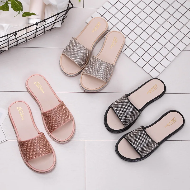 

2019 Summer New Style Sequin Man-made Diamond Sandals Women's Fashion Flat Beach Anti-slip Single-strap Slipper Indoors And Outd