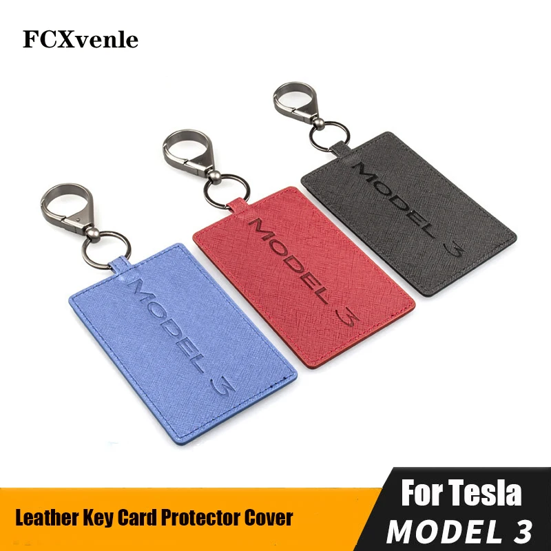 

FCXvenle Leather Car Key Card Holder Protector Cover for Tesla Model 3 Key Case Key Ring Bag Chain Clip Auto Accessories