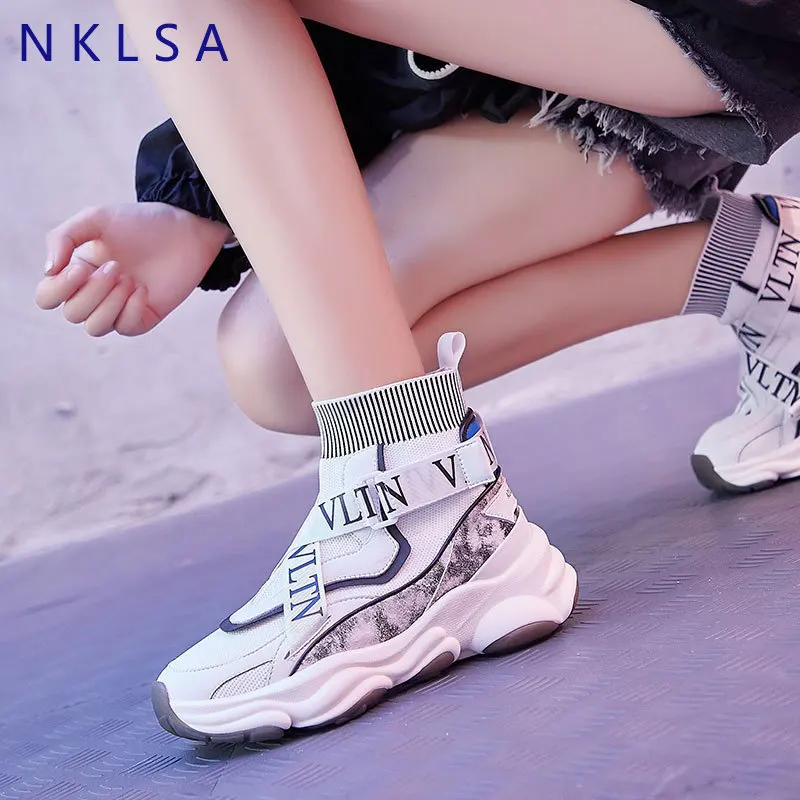 

NKLSA Breathable Ankle Boot Women Socks Shoes High Help Female Sneakers Casual Elasticity Wedge Platform Shoes Zapatillas Mujer