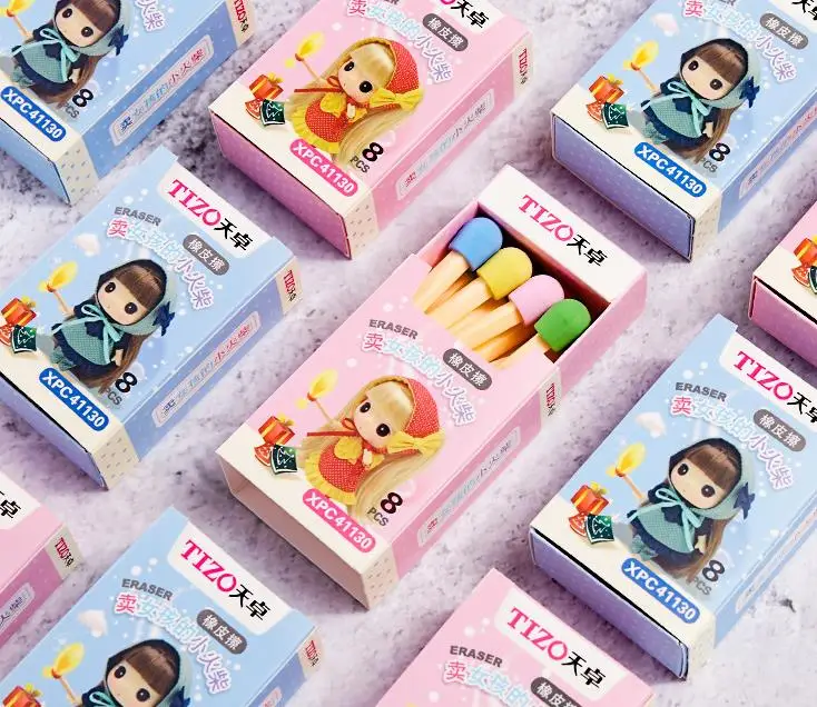 8 шт./упак. Kawaii для девочек спички коробка Цветной каучуковый карандаш Ластики для детей студентов подарок школьные канцелярские принадлежности
