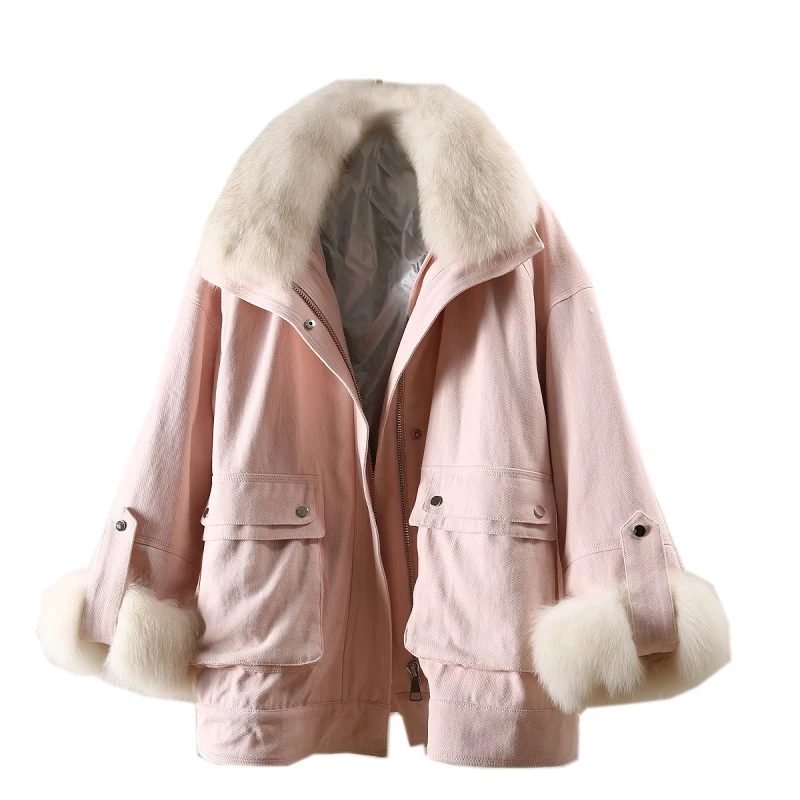 

Winter Jacket Women Short Parka Natural Fox Fur Collar Rex Rabbit Fur Liner Loose Coat ins Fashion New Real Fur Coat