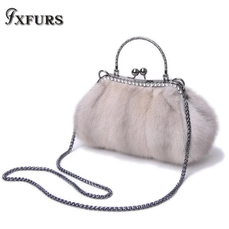 

2019 Mink Fur Bag Studded with Diamonds Whole Mink Dinner Lady Bag Luxury Dumplings Bag Shoulder Cross-body Winter Chain Handbag