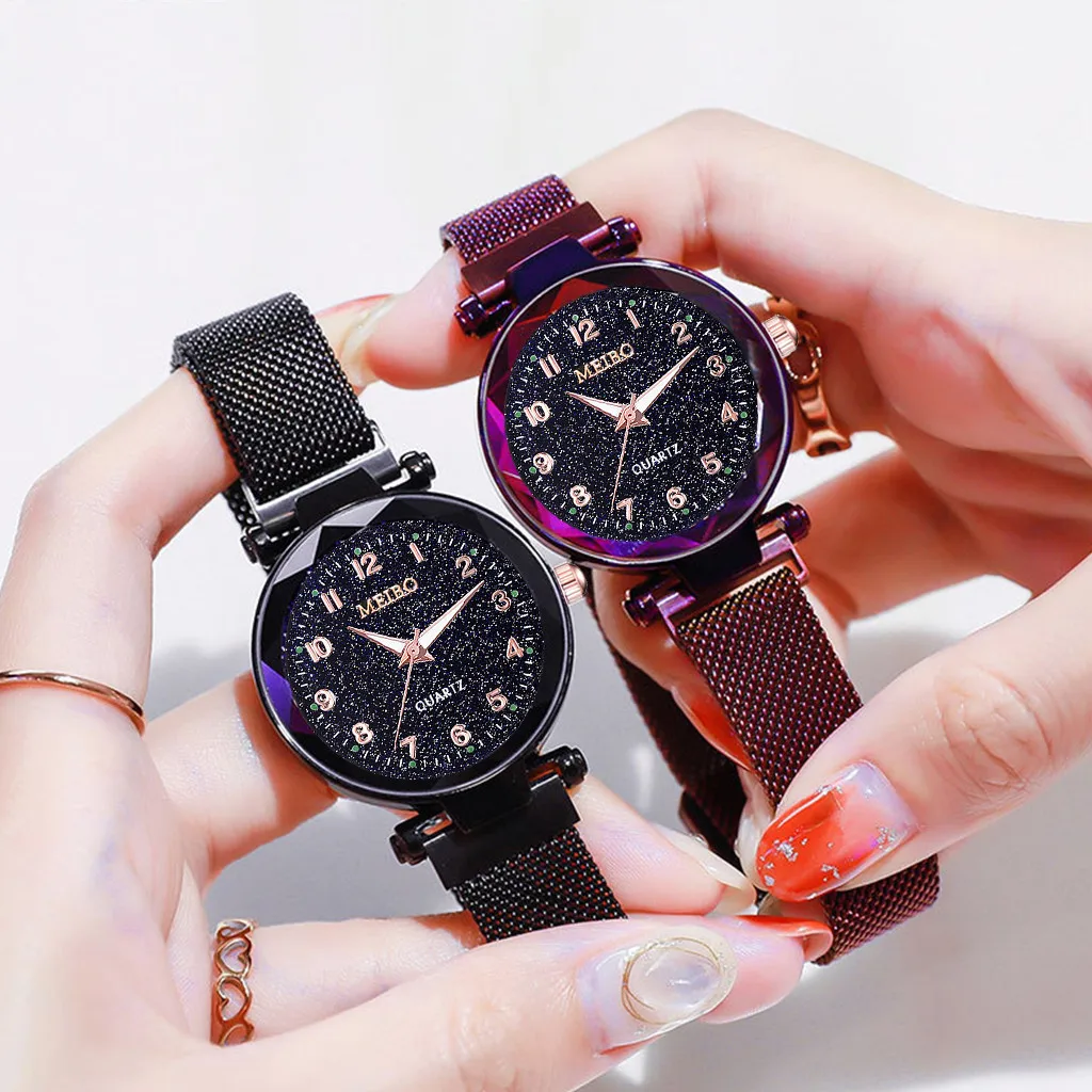 Billede af Women Watches Starry Sky Flat Glass Sport Quartz Magnetic Buckle Wrist Watch Stainless Steel Bracelet Wristwatch Clock relojes