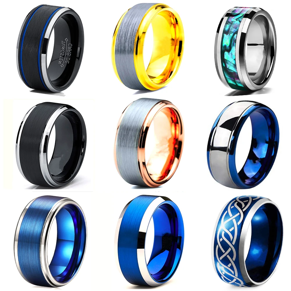 24 Styles Men's Fashion Simp Tungsten Carbid Silver Gold Color Matte Surface Beveled Blue Edge Rings Men Engagement Wedding Band |