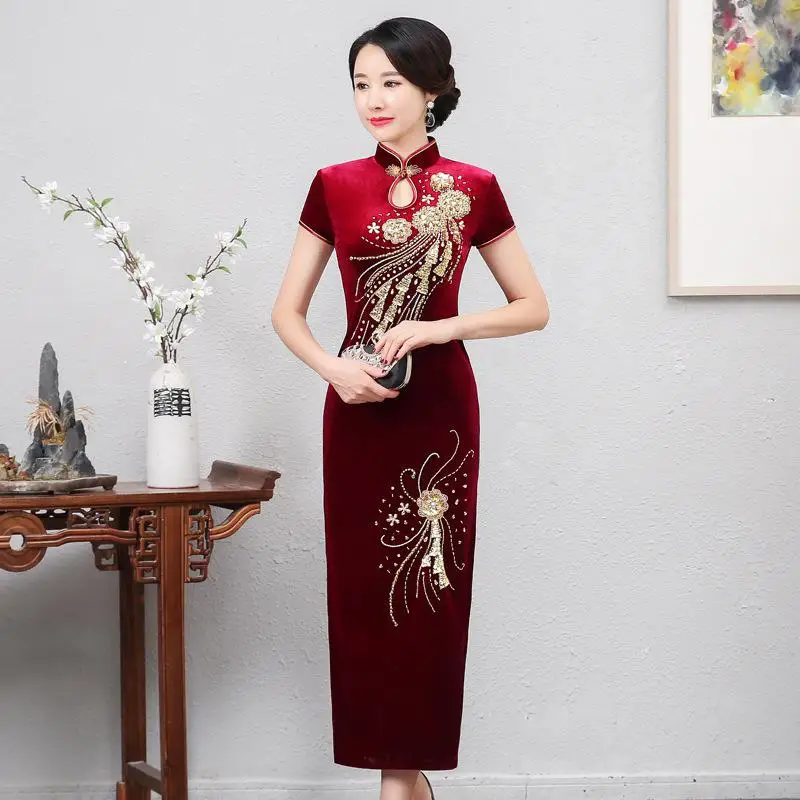 Платье с цветочным принтом, воротник-стойка, рукав до локтя, Cheongsam Vestidos, женское платье с высоким разрезом, сексуальное вечернее платье с бусинами, Qipao размера плюс - Цвет: StyleB 3