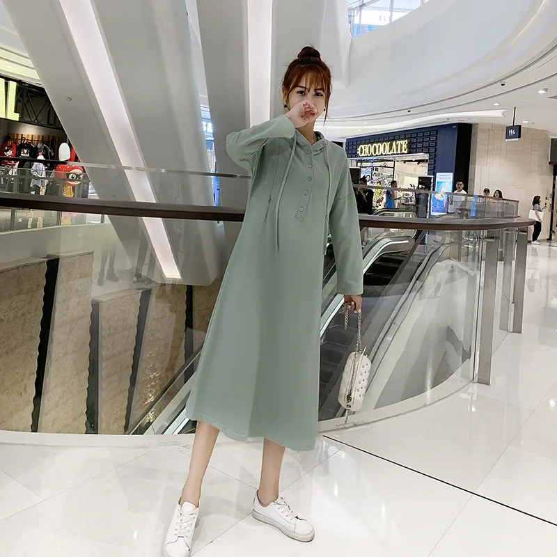 Korean style loose casual maternity nursing dress for pregnant women breastfeeding dress long sleeve hooded feeding dress