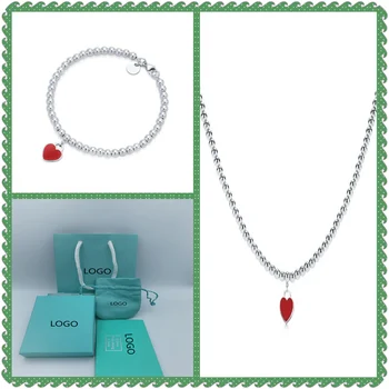 

SHINETUNG Original 100% S925 Sterling Silver Beaded Red Heart-Shape Pendant Trendy Bracelet Women Romance High-End jewelry Suit