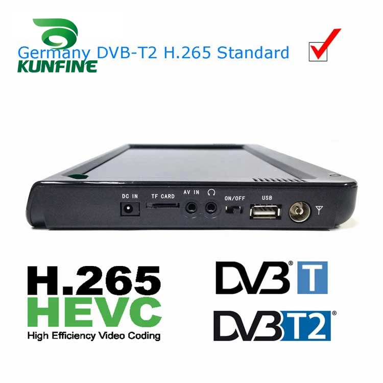 KUNFINE 10 дюймов DVB-T2 H265 HEVC AC3 декодер Портативный ТВ PVR мультимедийный плеер Моделирование кухня спальня автомобиль DVB-T26510