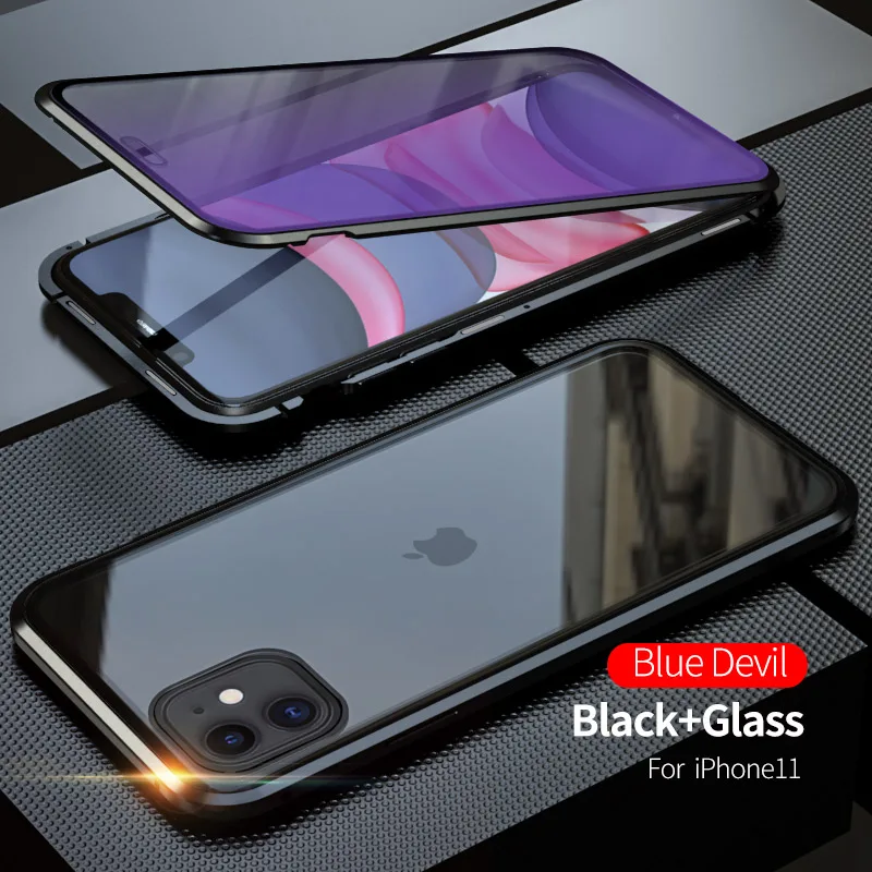 Роскошный противоударный защитный чехол для телефона, чехол для iPhone 11 Pro Max, синее закаленное стекло и Алюминиевый металлический магнитный чехол