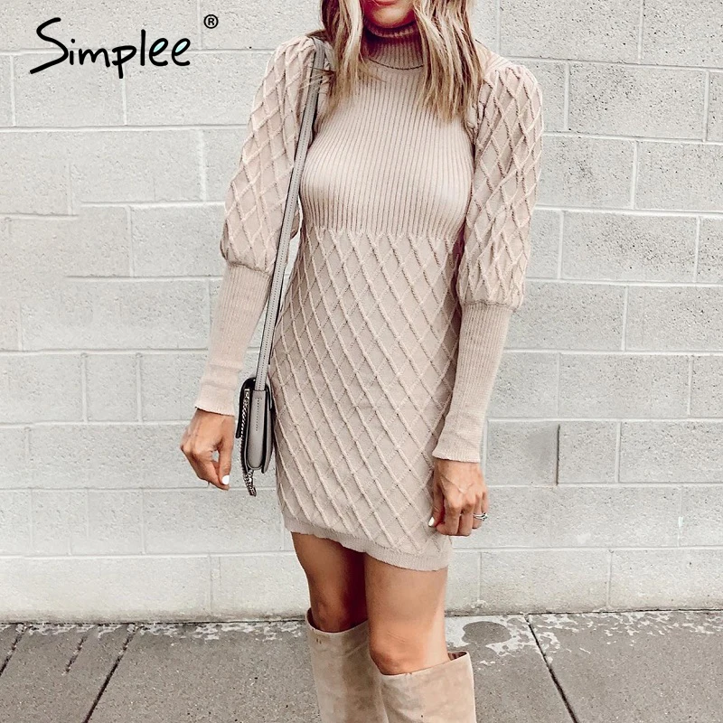 Prix Simplee col roulé long câble tricoté femmes pull pull robe Vintage automne hiver lanterne manches vêtements d extérieur pour femmes robes