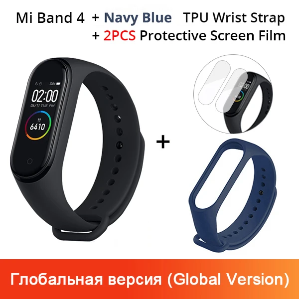 Xiaomi mi-браслет 4 смарт-браслет 3 AMOLED цветной экран mi Band 4 пульсометр фитнес Bluetooth Спорт 50 атм водонепроницаемый смарт-браслет - Цвет: Add Navy Blue Strap