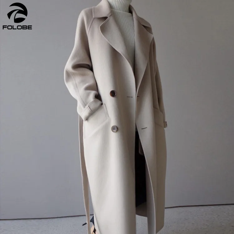 

FOLOBE Office Lady Solid Womens Long Coats 2019 Winter Wide-waisted Wool Blend Coat and Jacket Turn-down Collar Ladies Coats