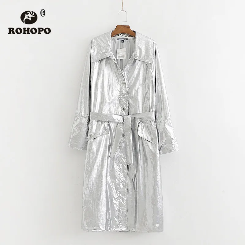 NEW ROHOPO Серебряный Длинный плащ Осенняя Женская однотонная металлическая ветровка миди с поясом#2366 - Цвет: NEW