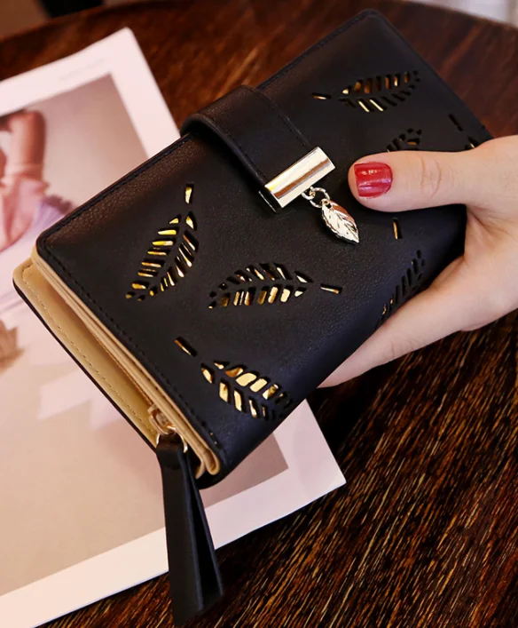 Модные женские кошельки 2020 Длинный кошелек Дамский с пряжкой и полыми листьями