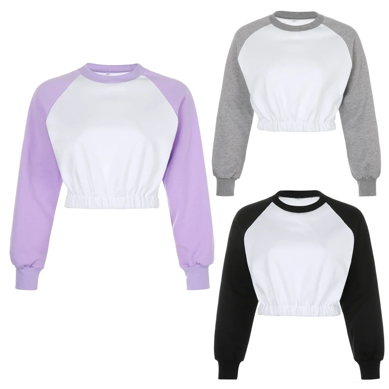 

Women Raglan Long Sleeve Sweatshirt Color Block Crew Neck Elastic Hem Crop Top