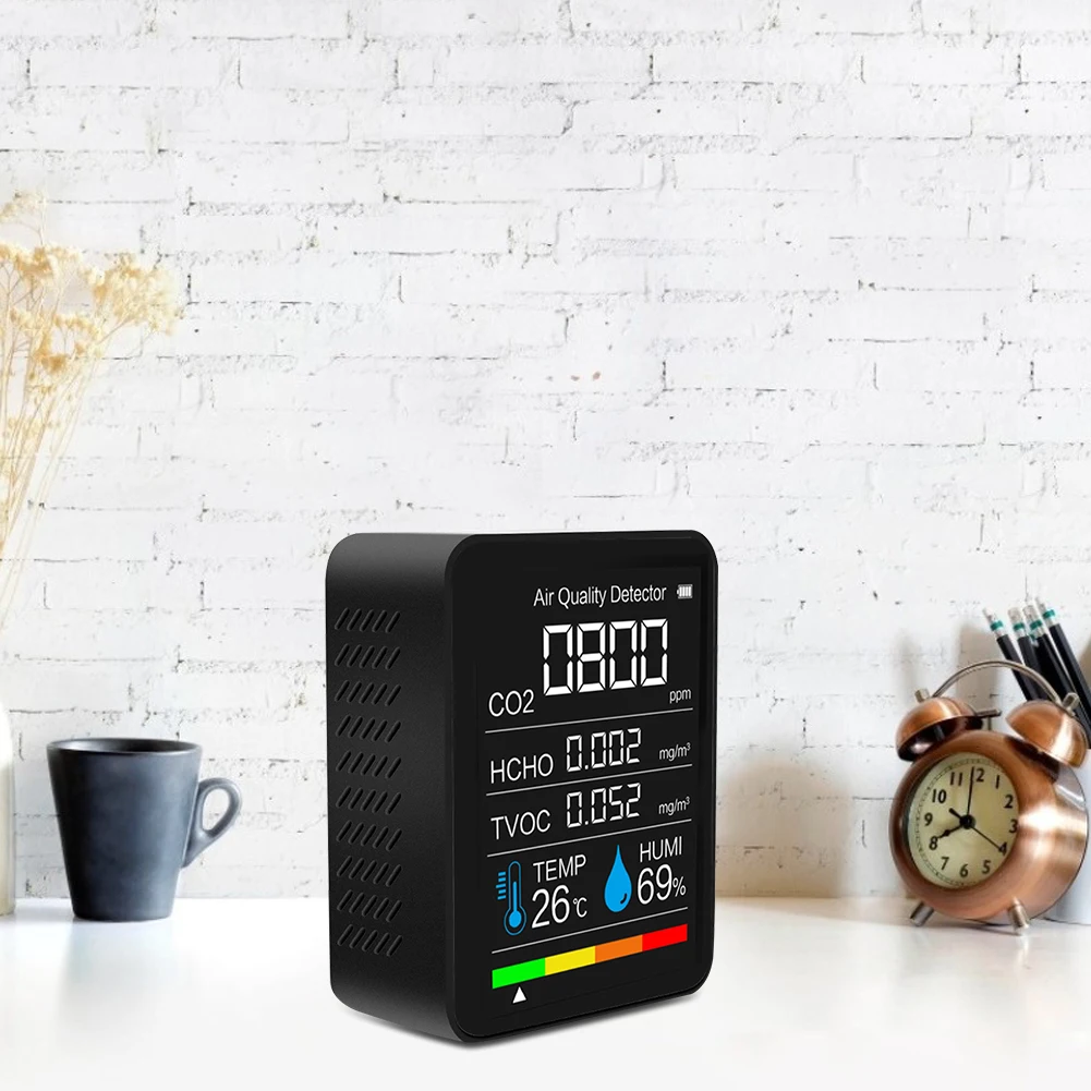 Rilevatore CO2 5-in-1 - Monitor Qualit&agrave; Aria Con Sensore Temperatura, Umidit&agrave;, TVOC, Allarme, USB