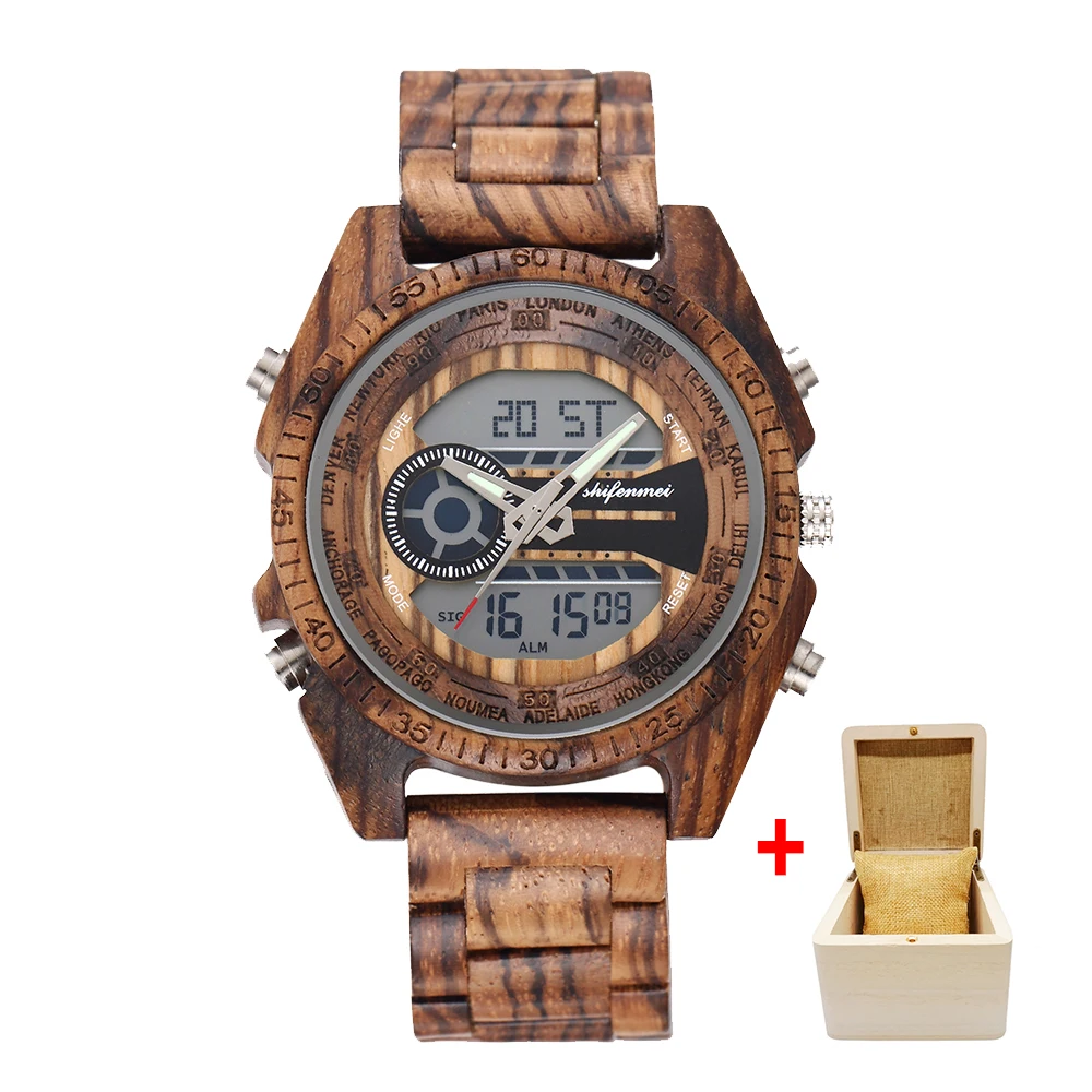 zebra with box Мужские часы, деревянные часы, спортивные цифровые мужские часы, лучший бренд, Роскошные, светодиодный, цифровые часы, деревянные наручные часы, мужские часы - Цвет: zebra with box
