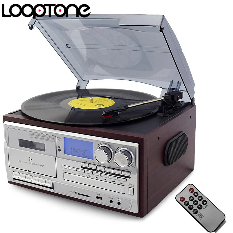 T-R-18CD LoopTone Vinyl Record Player 9 in 1 3 Speed Bluetooth Vintage  Turntable CD Cassette Player AM/FM Radio USB Recorder Aux-in RCA L
