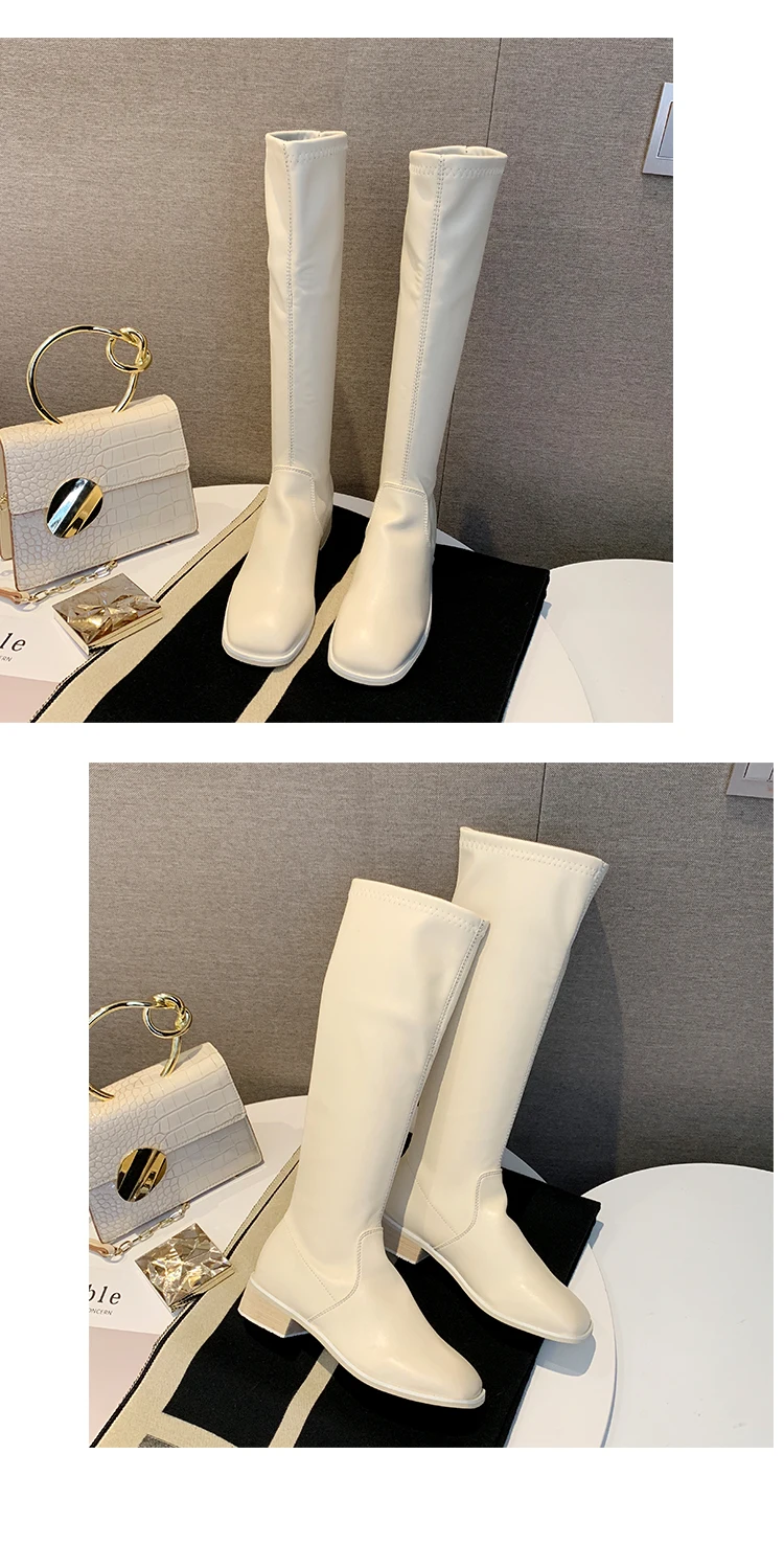 Black Beige Leather Women Knee High Boots Square Head Footwear Low Heels Female Motorcycle Boot Shoes Woman Winter New