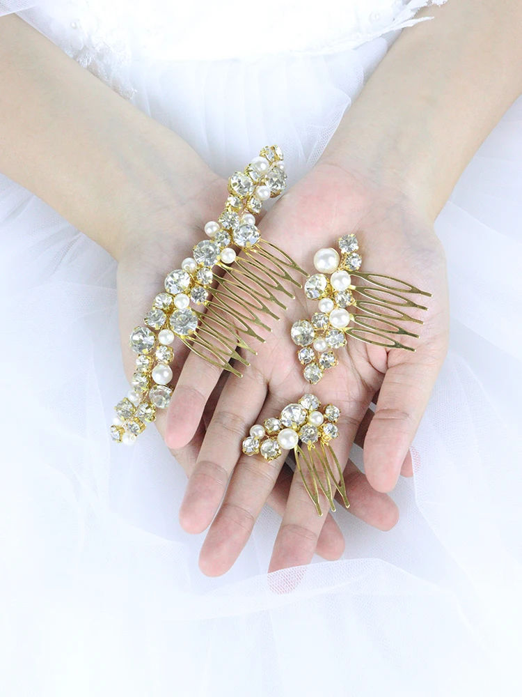 Luxury Rhinestone Bridal Hair Comb 3PCS Wedding Hair Jewelry Set Bride Clips for party Headdress Women Ornaments