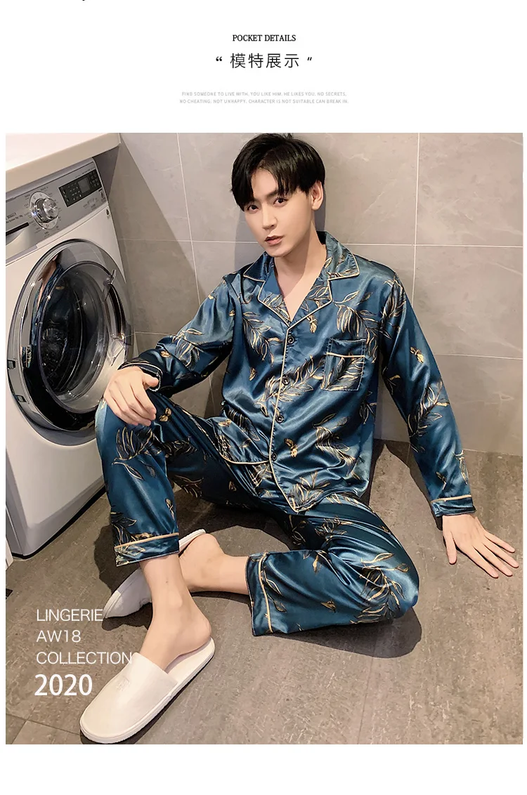 mens loungewear sets Men Comfortable Pyjamas Set 3XL 4XL 5XL Long Sleeve Casual Home Wear Spring Autumn Silk Boy Pajama Sets Leisure Sleepwear Set men's cotton pyjamas