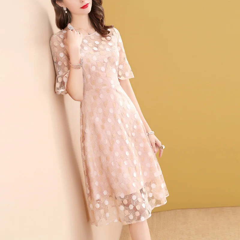 

Spring Clothing Hollow out Bell Sleeve Waist Hugging Dress Women's Spring And Summer Mid-length 2019 New Style A- line Skirt Sub