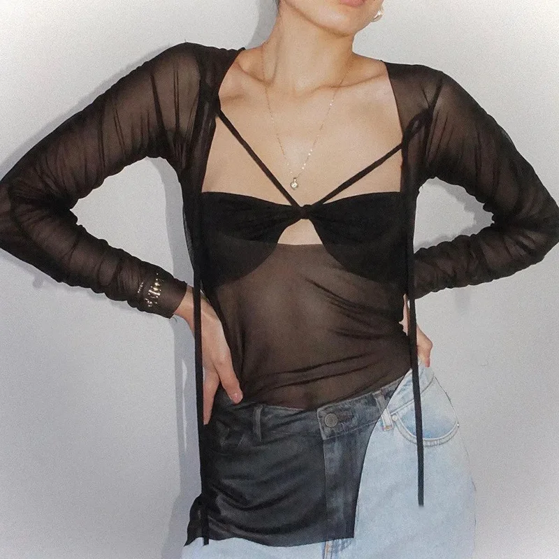 Goth Dark Y2k Punk Mesh See Through T-shirts Women Cyber Sexy Summer Halter Tops Lace Up Techwear Black Patchwork Split Clothes