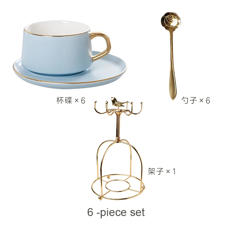 blue 6 piece set Скандинавская керамическая кофейная чашка простая шесть цветная кофейная чашка набор с блюдце и ложка Фарфор золотой край чайная чашка английский день - Цвет: blue 6 piece set