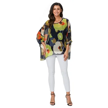 

Women Batwing Sleeve Boho Chiffon Floral Print Shirt Beach Vacation Sun Protection Bikini Summer Tunic Tops Poncho Dropship L#22