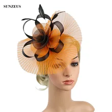Шляпка Mariage оранжевый тюль свадебное Шапки с черного цвета с узором «цветы»; перья вечерние головной убор клуба верховой езды женская шляпа SQN041