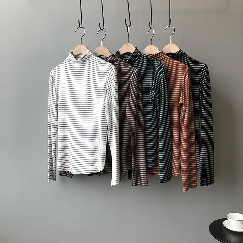 

Mooirue 2019 Autumn Stripes Casual Tee Shirt Female Lanky Turtleneck Stripe Printed Stripe Long Sleeve Loose Cotton Tops