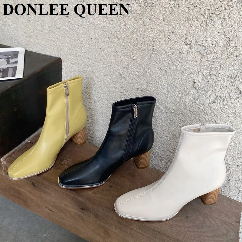 

NEW Ankle Boots Women Square Toe Wooden High Heels Short Boots For Women Riding Feminine Shoes Women Heel Booties Zipper Chelsea