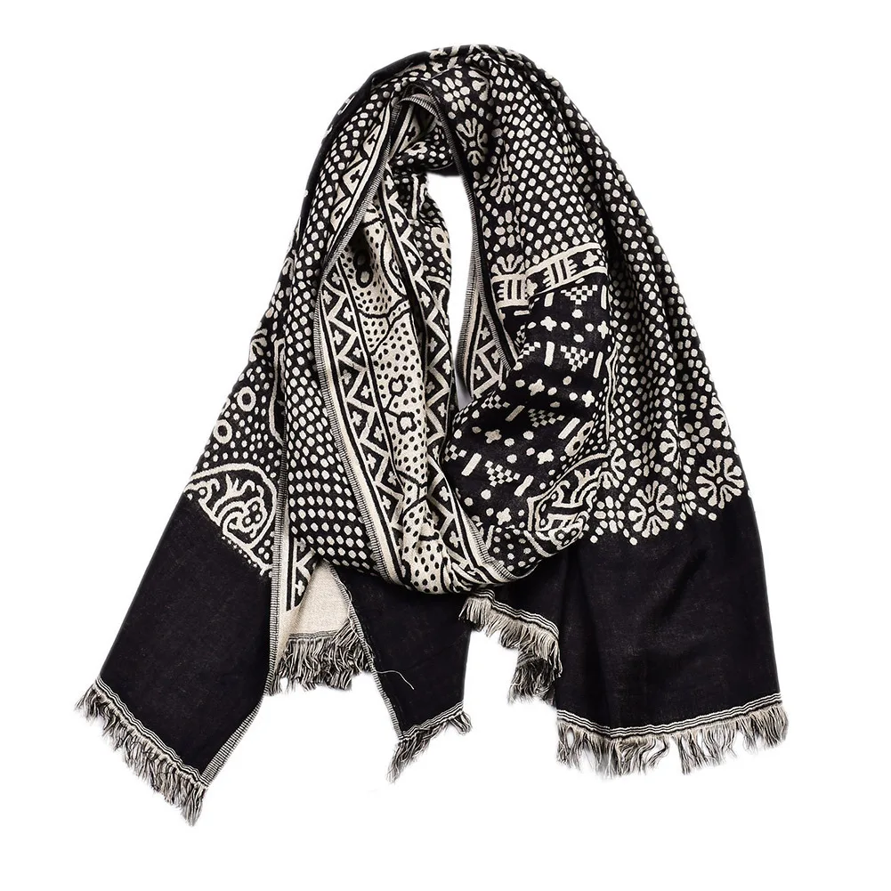 Зимний шарф BUTTERMERE из хлопка и льна, мужские шарфы в этническом стиле, темно-синий вязаный мужской шарф с кисточками, 195 см* 65 см - Цвет: black