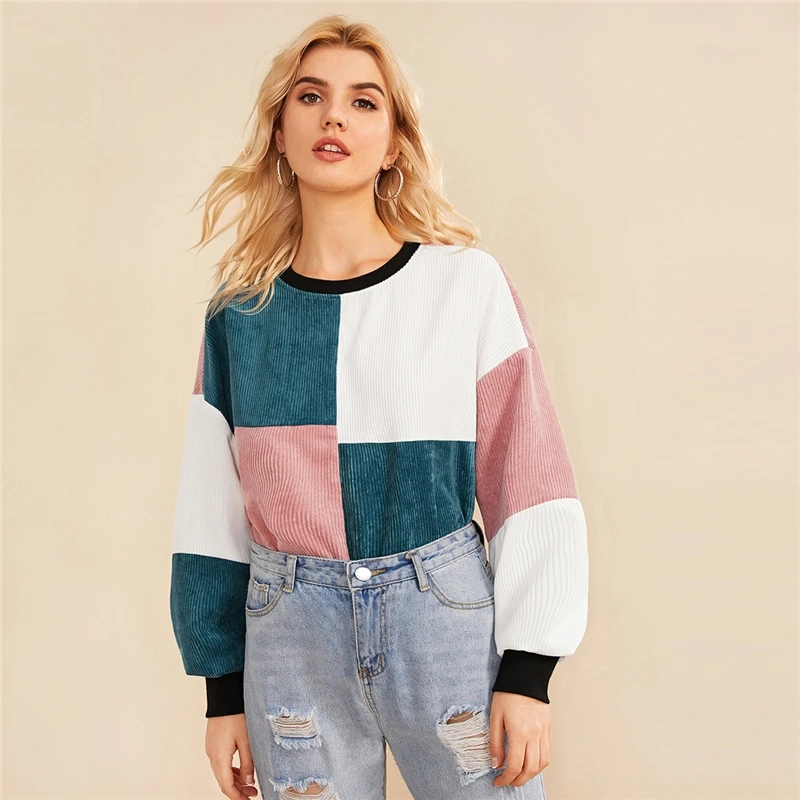 SweatyRocks Contrast Neck and Cuff Cut-and-sew Corduroy Pullover Autumn Active Sweatshirts Casual Leisure Women Sweatshirt