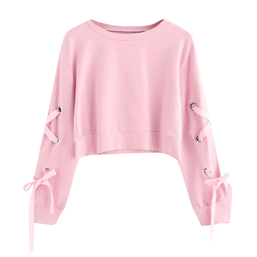 

Women's Sweatshirt Casual Long Sleeve Solid Hoodie O-Neck Pullover Blouse Lace Up Sweatshirt Woman Moletom Feminino Inverno L807