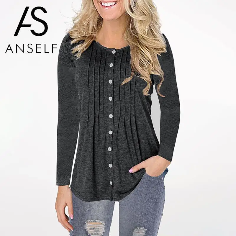 

ANSELF Women T-shirt 5XL Plus Size T Shirt Plain Color Button Fastening Pleated O Neck Long Sleeve Top 2019 Autumn Casual tshirt