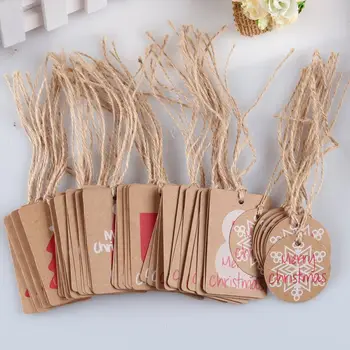 

100pcs Christmas Gift Card Tags With Rope Retro Kraft Paper Label DIY Crafts Gift Box Hang Tag Festival Decoration Accessories
