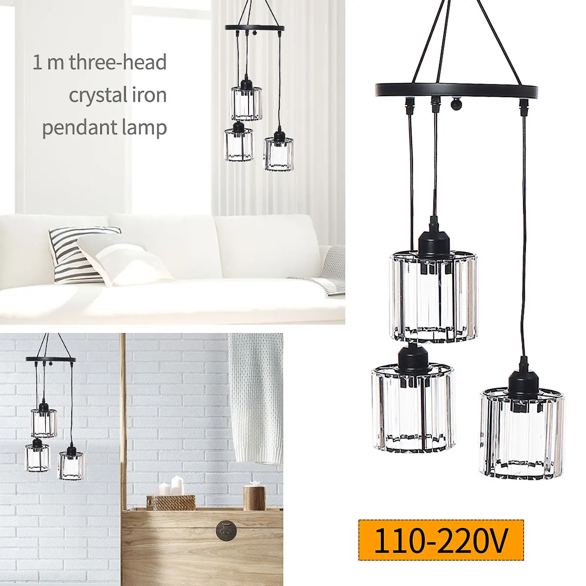 

3 Head Modern Pendant Light Iron Crystal Lamp E26 E27 110-220V Hallway Bedroom Home Bar Fixture Indoor Lighting Decoration