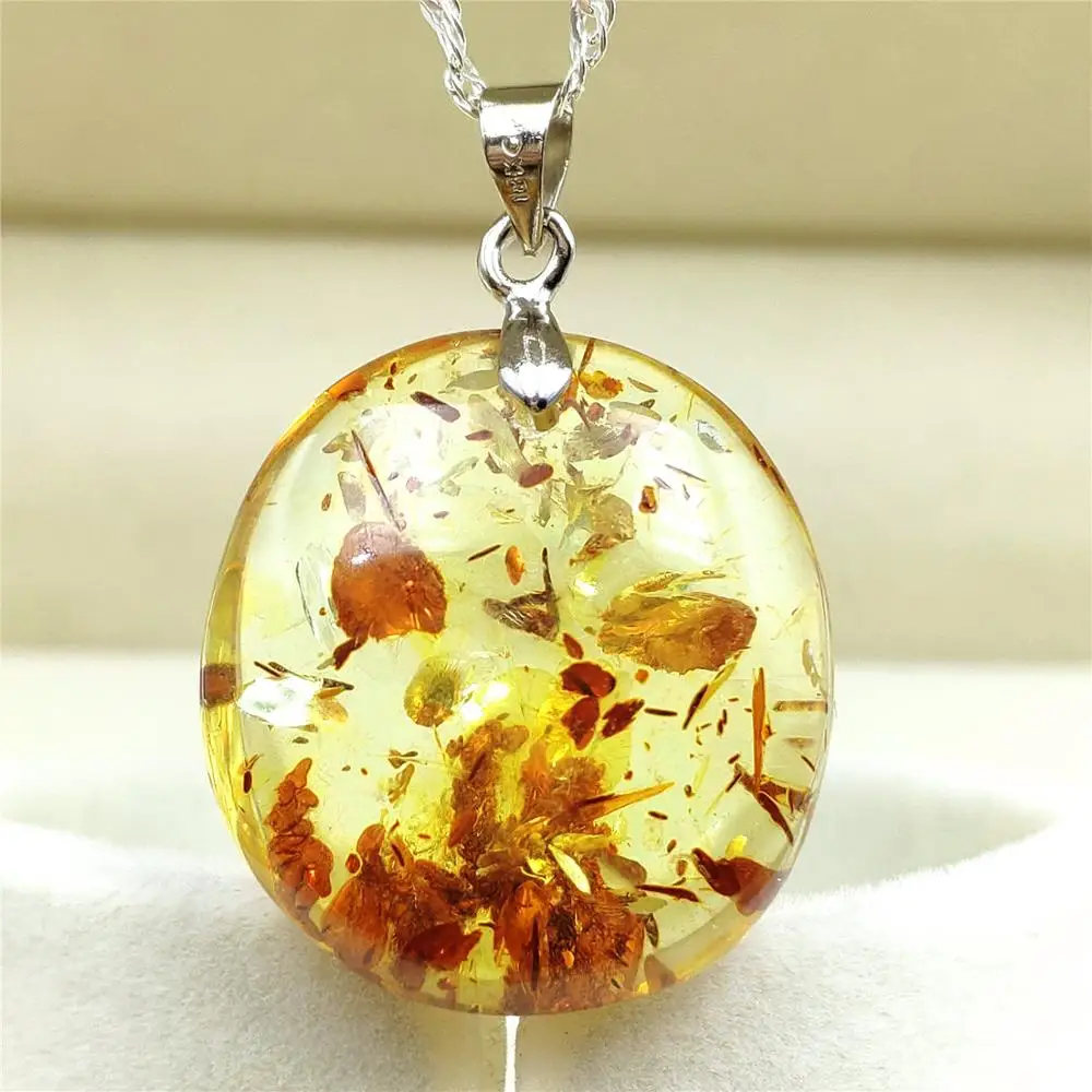 

Genuine Natural Piebald Amber Necklace Pendant Flower Inclusion Gemstone Round Shape 25x25x9mm Women Crystal Healing AAAAA