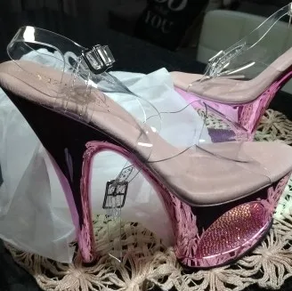 17 cm high heels with buckle fish mouth, two waterproof platform sandals with pink plating, model pole dancing shoes for perform