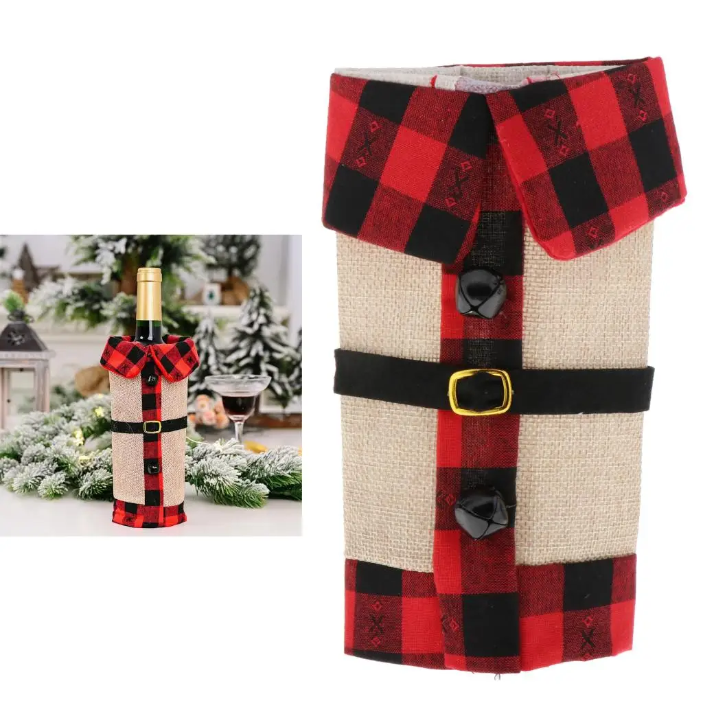 Christmas Red Grid Wine Bottle Cover, can Replace Hanging Wine Labels and Wine Licenses, Xmas Festival Party Gift Table Decor
