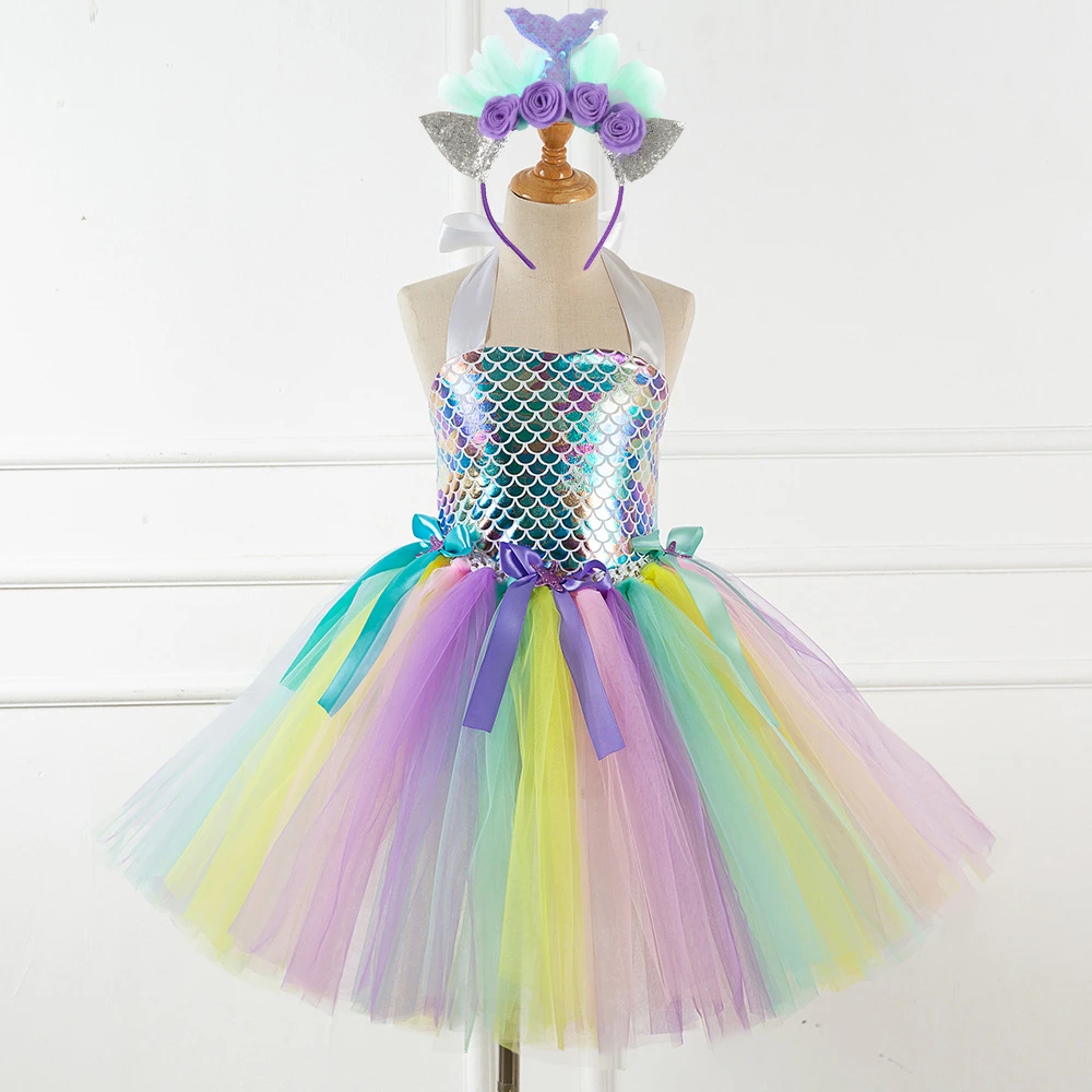 Robe Tutu Sirene Pastel Pour Filles Costume De Fete D Anniversaire Sur Le Theme De La Mer Avec Bandeau De Fleurs D Ocean 1 12 Ans Aliexpress