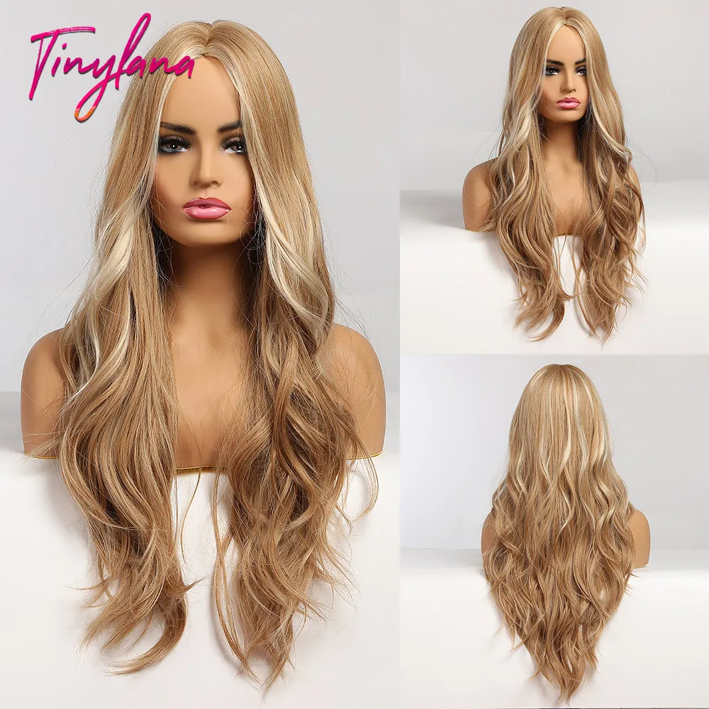 Resistente ao Calor Perucas para Festa Tiny Lana Longo Perucas Sintéticas Ombre Marrom Loira Meio Parte Ondulado Cosplay Feminino