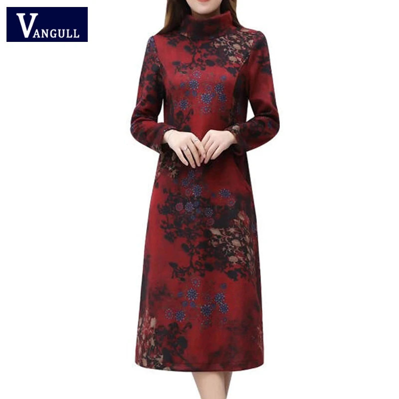 

Vangull Print Woolen Dress Mother Clothes Dress Autumn Winter Elegant A-Line Dress Long Sleeve Turtleneck Collar Plus Size Dress